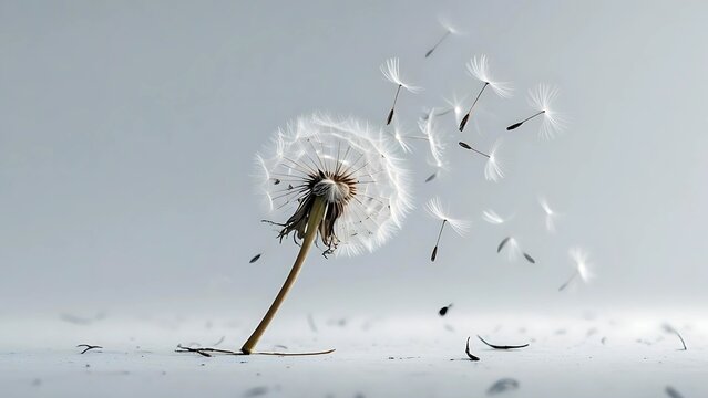 Lonely dandelion with flying seeds in the wind. Symbol of sadness, grief, solitude and fleeting life. Poetic and emotional nature background for loss, mourning and farewell themes