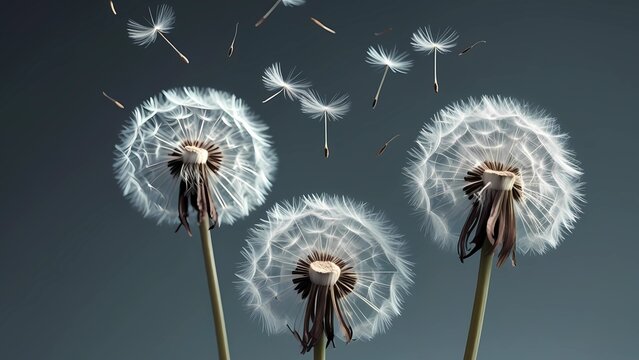 Lonely dandelion with flying seeds in the wind. Symbol of sadness, grief, solitude and fleeting life. Poetic and emotional nature background for loss, mourning and farewell themes