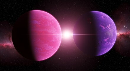 Cosmic ballet pink and purple planets dancing near a bright star in deep space