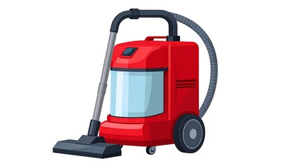 Red Canister Vacuum Cleaner with Hose and Floor Nozzle on White Background.