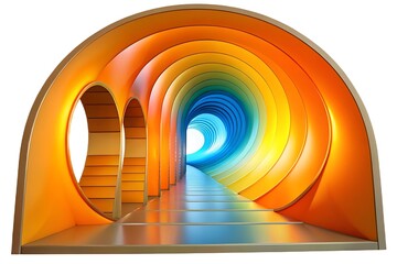 Rainbow tunnel with arches and bright light ahead