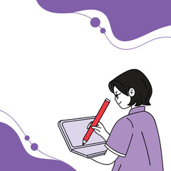 Fototapeta premium Person Writing on Laptop with Abstract Shapes woman