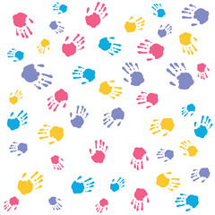 Seamless pattern with colorful human palms. Children's handprint background. Symbol of team, friendship, united, support, family. Clean and modern vector illustration for design, web.