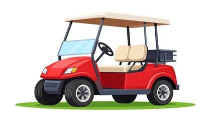 Red Golf Cart with Tan Canopy and Two Seats on Green Grass.