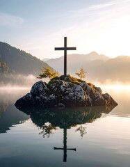 Cross on island, serene lake sunrise