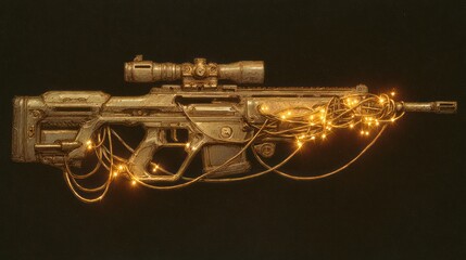 Obraz premium Golden rifle with scope, strung with glowing lights against dark backdrop