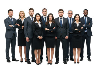 Diverse group of business professionals in suits standing together, isolated on transparent background