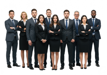 Diverse group of business professionals in suits standing together, isolated on transparent background