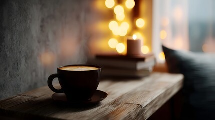 Cozy coffee corner in a home with books and warm yellow lights