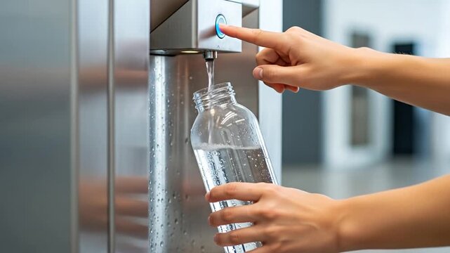 A person's hands filling a reusable glass bottle with fresh water from a modern dispenser.