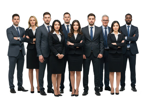Diverse group of business professionals in suits standing together, isolated on transparent background