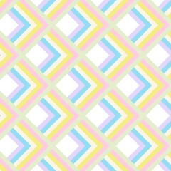 A fresh and bright seamless pattern with a clean harlequin grid.The gentle chevron stripes in soft pastel pink, yellow, blue, and purple create a delightful rhythm against a white and green background