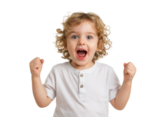 Excited young boy with curly blond hair and blue eyes cheering with fists clenched, isolated on transparent background