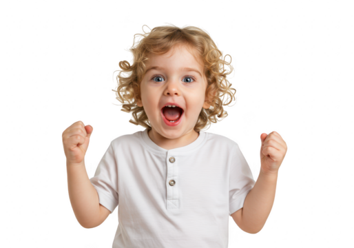 Excited young boy with curly blond hair and blue eyes cheering with fists clenched, isolated on transparent background