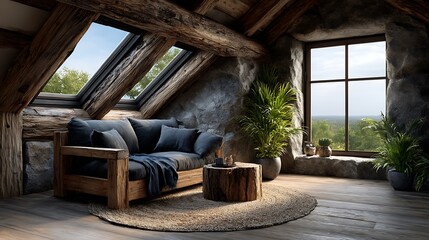 A realistic high-definition photo of a modern attic conversion with skylights.