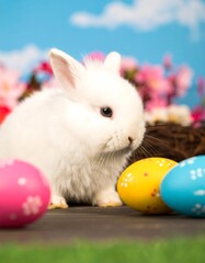 Cute white bunny with Easter eggs