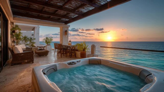 Luxury jacuzzi with ocean view at sunset  
