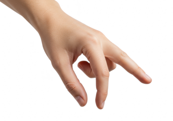Closeup of a persons hand with fingers gently picking something up, isolated on transparent background