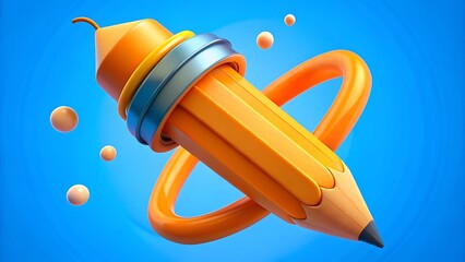 Stylized pencil with rings floating on blue background
