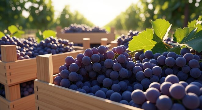 Freshly harvested grapes in wooden crates at a vineyard - Powered by Adobe