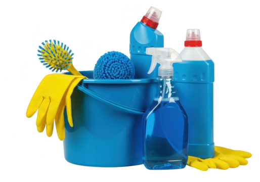 A blue bucket filled with cleaning supplies including yellow rubber gloves, bottles of blue liquid cleaner, and scrub brushes, isolated on transparent background