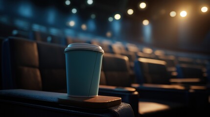 A cozy coffee cup rests on an armrest in an empty theater, illuminated by soft lights, creating a warm and inviting atmosphere.
