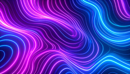 Abstract topographic neon lines flow dynamically, creating a seamless liquid pattern rendered in vibrant 3d digital art with an electric magenta and cyan glow against a dark background.