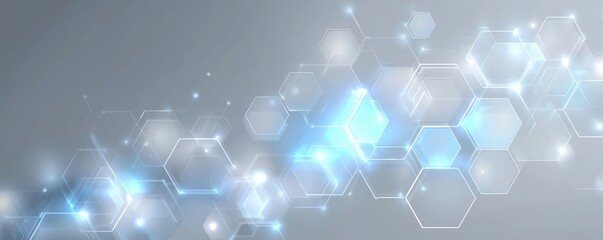 A modern, abstract design featuring interconnected hexagons with a light blue glow against a soft gray background.