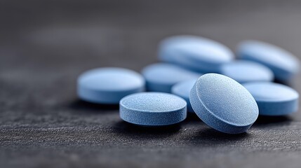 A close-up of blue pills scattered on a dark surface, showcasing their smooth texture and round shape, commonly used for medication.