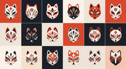 Traditional japanese kitsune fox masks featuring elaborate patterns and distinctive features in a checkerboard arrangement