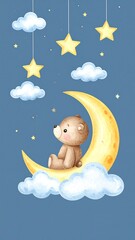 Cute bear sitting on crescent moon, amongst clouds and stars
