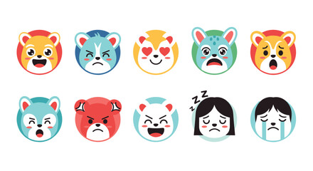 Obraz premium Collection of expressive cartoon animal and human faces showing various emotions joy sadness anger sleepy and love