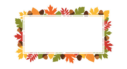 A decorative rectangular frame adorned with colorful autumn leaves and acorns perfect for seasonal greetings and announcements