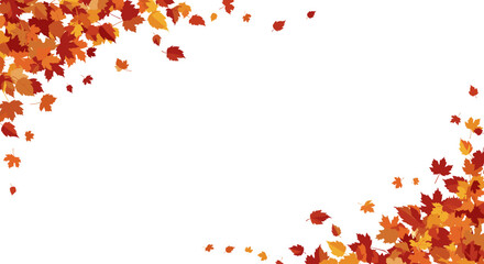 Beautifully illustrated autumn leaves falling and scattered across a clean white background creating a festive seasonal frame decoration