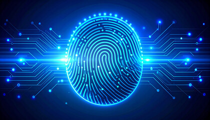 A glowing digital fingerprint graphic, representing biometric identification and security technology.