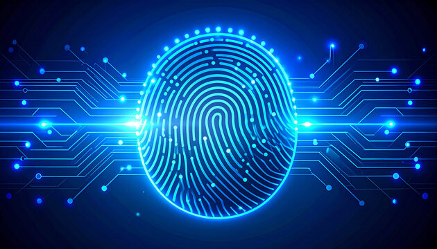 A glowing digital fingerprint graphic, representing biometric identification and security technology. - Powered by Adobe