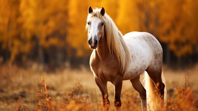 Elegant palomino horse outdoors in nature during autumn  
