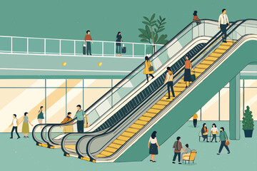 Busy mall interior with escalators and shoppers.