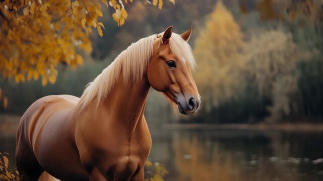 Golden horse portrait with fall foliage background  
