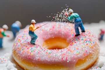 Miniature workers sprinkling colorful sugar crystals onto a donut like paving a sparkly road 