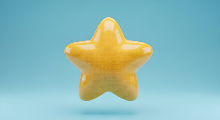 3d inflatable A vibrant 3D rendering of a glossy yellow cartoon star with a puffy, rounded shape floating on a clean light blue background.