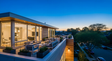 Modern house exterior with deck and city view at twilight time
