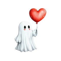 Cute ghost holding a red heart balloon