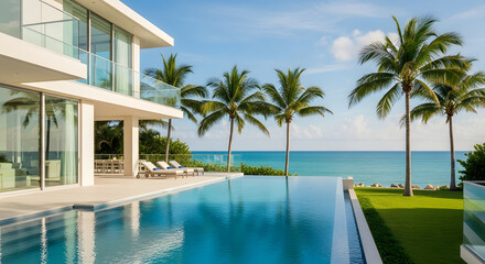 Fototapeta premium Beautiful luxury villa with infinity pool and palm trees on a sunny day