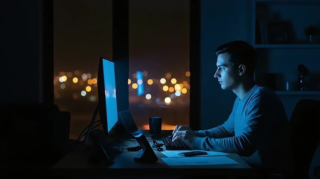 Young man working late at night on computer in dimly lit room with city lights outside