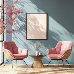 Two chairs positioned near an accent coffee table against a pastel wall with a framed poster, showcasing mid-century style home interior design for a modern living room. 3D rendering, Generative AI