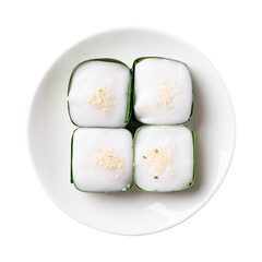 Traditional Thai dessert (Khanom Tako), Pudding with coconut cream topping in pandan leaf	