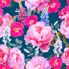 Pattern with peonies and lupine flowers, roses, rose hips. Vector floral pattern with summer flowers and peonies. For paper, fabric, packaging and interior design.