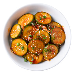 Top view of Korean cucumber salad (Oi muchim) in bowl, Korean side dish	