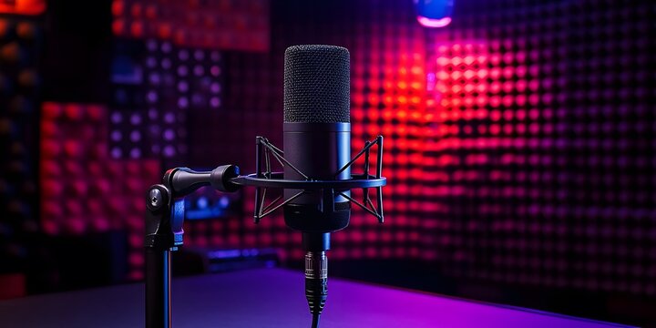 Sound recording studio with a professional microphone.